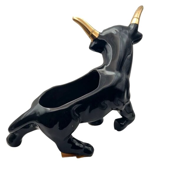 Vintage Black Ceramic Bull Planter Mid-Century Modern Gold Accents 1950s - Picture 4 of 9